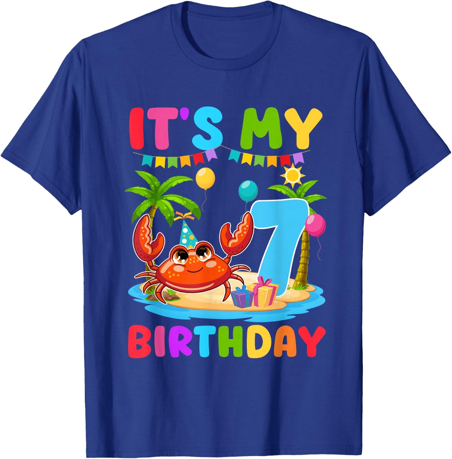 7th Birthday Crab Themed Summer Beach Party 7 Year Old T-Shirt - T-Shirt | Royal
