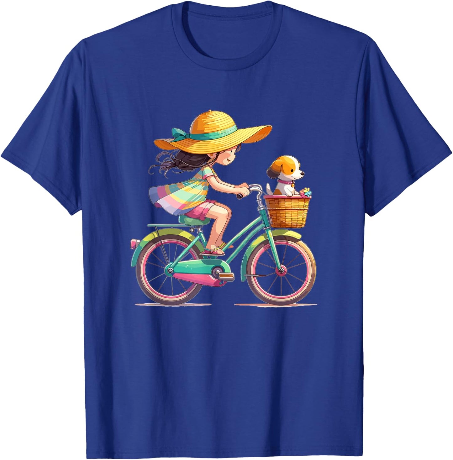 Girl on Bicycle with Little Dog in Bicycle Basket , black T-Shirt - T-Shirt | Royal