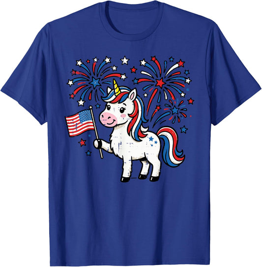 Patriotic Unicorn US Flag Fireworks 4th of July Girl Kids T-Shirt - T-Shirt | Royal