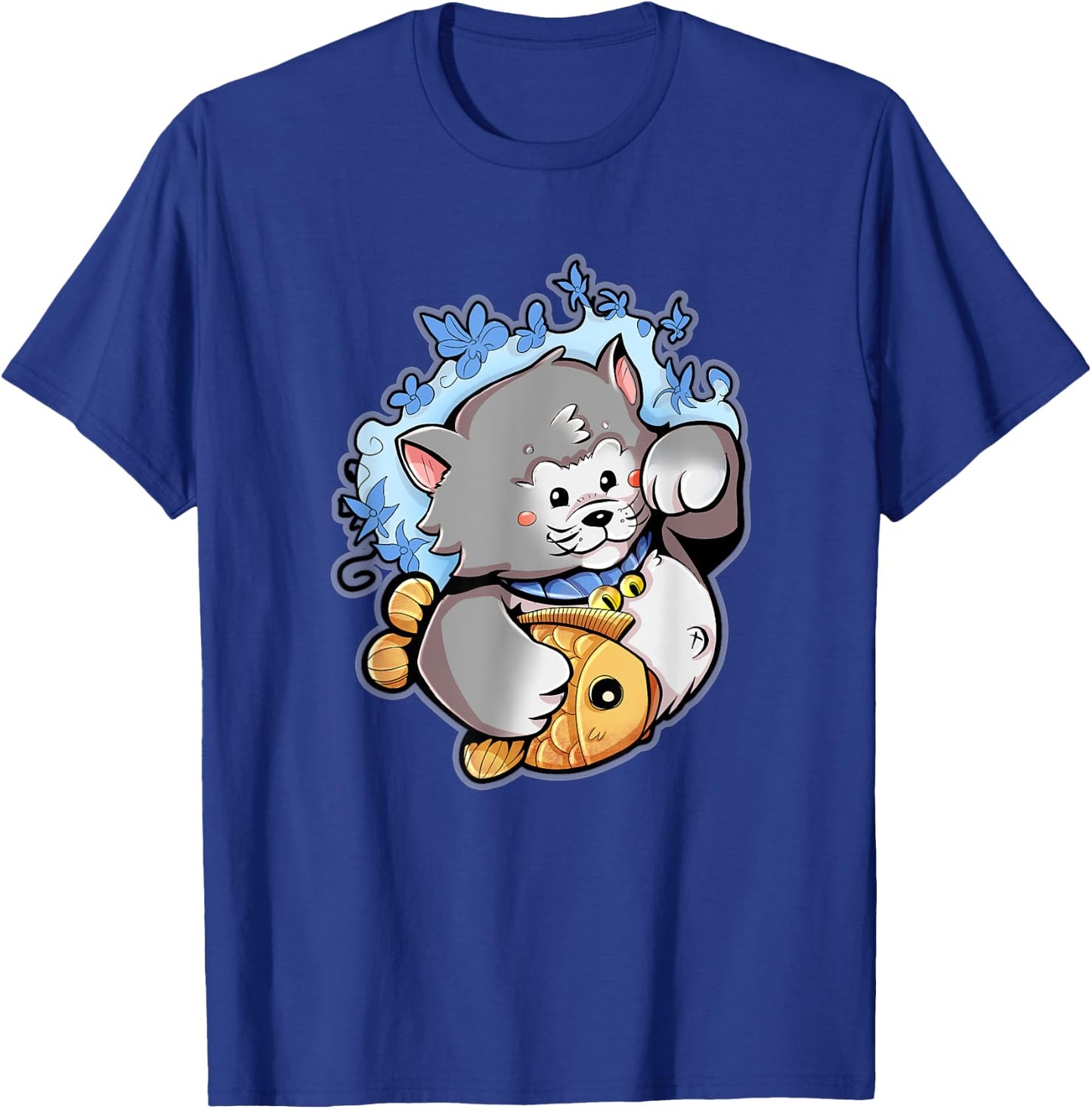 Lucky Gray Maneki-Neko Cat with a Taiyaki T-Shirt - T-Shirt | Royal