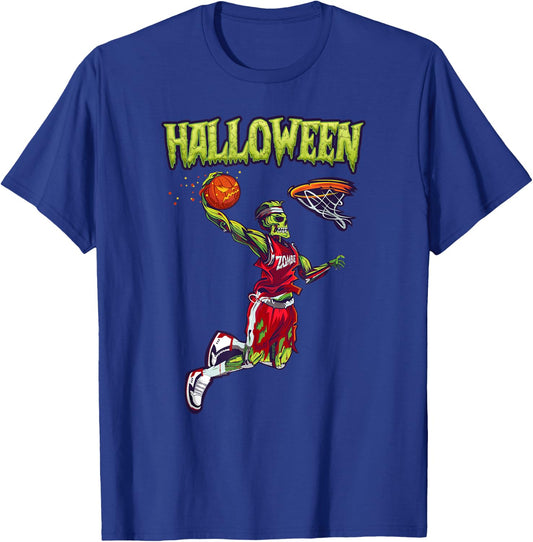 Jump Zombie Basketball Dunk Player Halloween Pumpkin Ball T-Shirt - T-Shirt | Royal