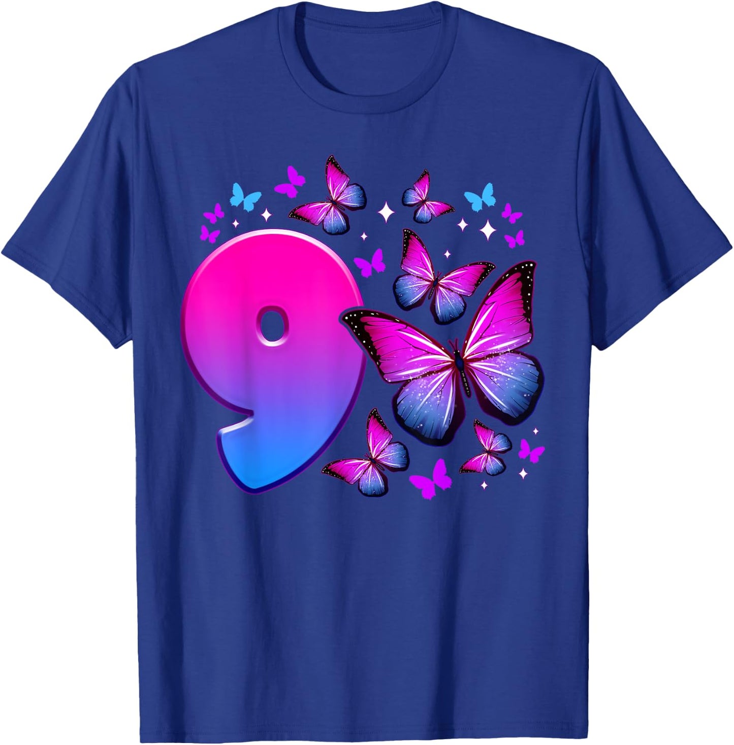 Birthday Girl 9 Years Old Butterfly Number 9 , black T-Shirt - T-Shirt | Royal