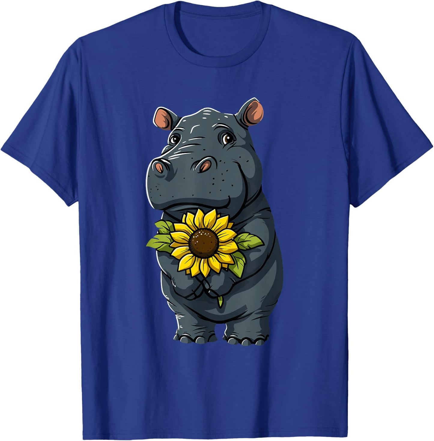 Hippo Holding Sunflower Cute Hippopotamus Mothers Day T-Shirt - T-Shirt | Royal
