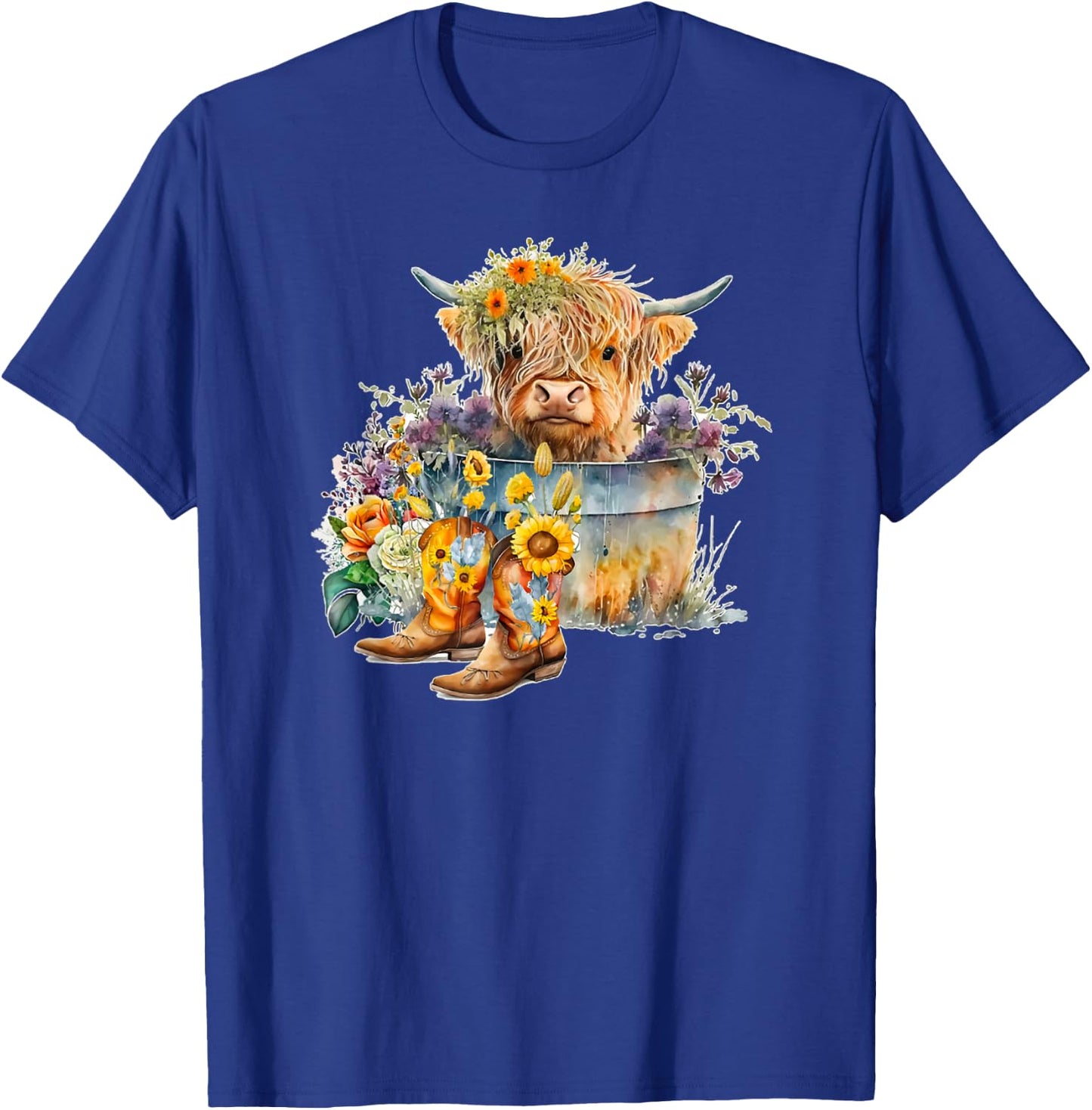Scottish Highland Cow Cattle Farm Hairy Cowgirl Flower Woman T-Shirt - T-Shirt | Royal