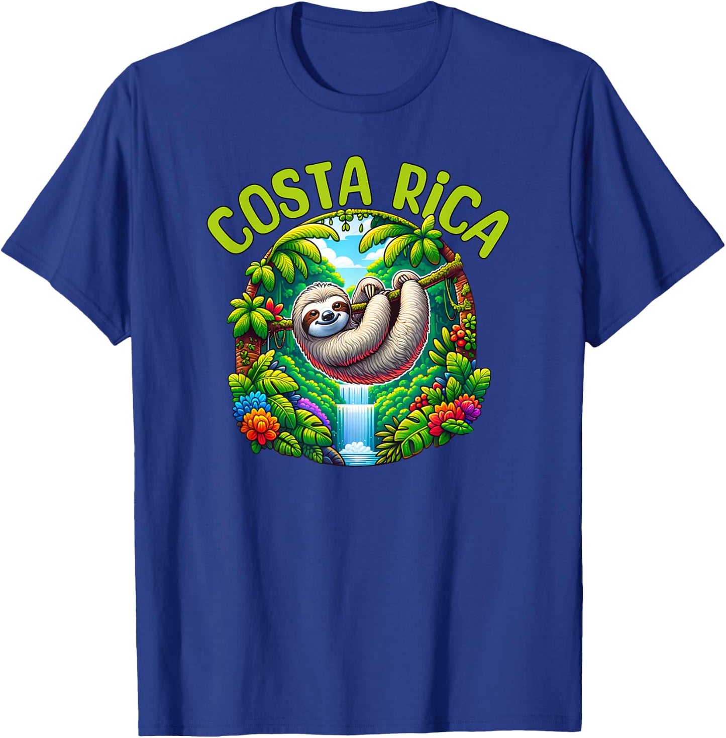 Costa Rica Sloth - Tropical Rainforest Waterfall Travel Fun T-Shirt - T-Shirt | Royal