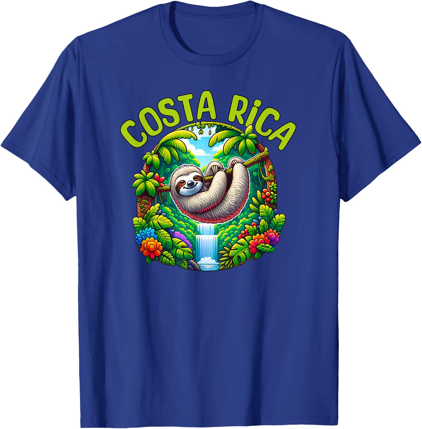 Costa Rica Sloth - Tropical Rainforest Waterfall Travel Fun T-Shirt - T-Shirt | Royal