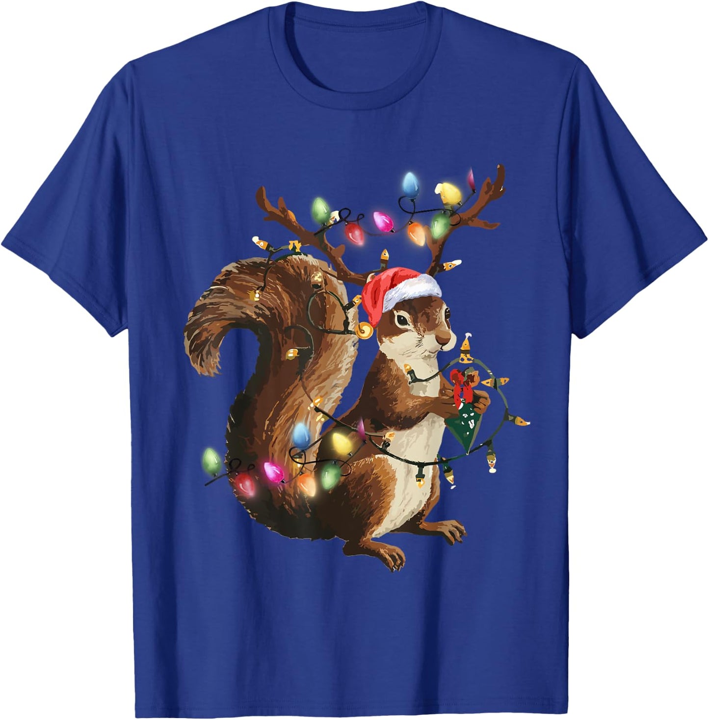 Funny Squirrel Christmas Tree Lights Reindeer Santa Hat Xmas T-Shirt - T-Shirt | Royal