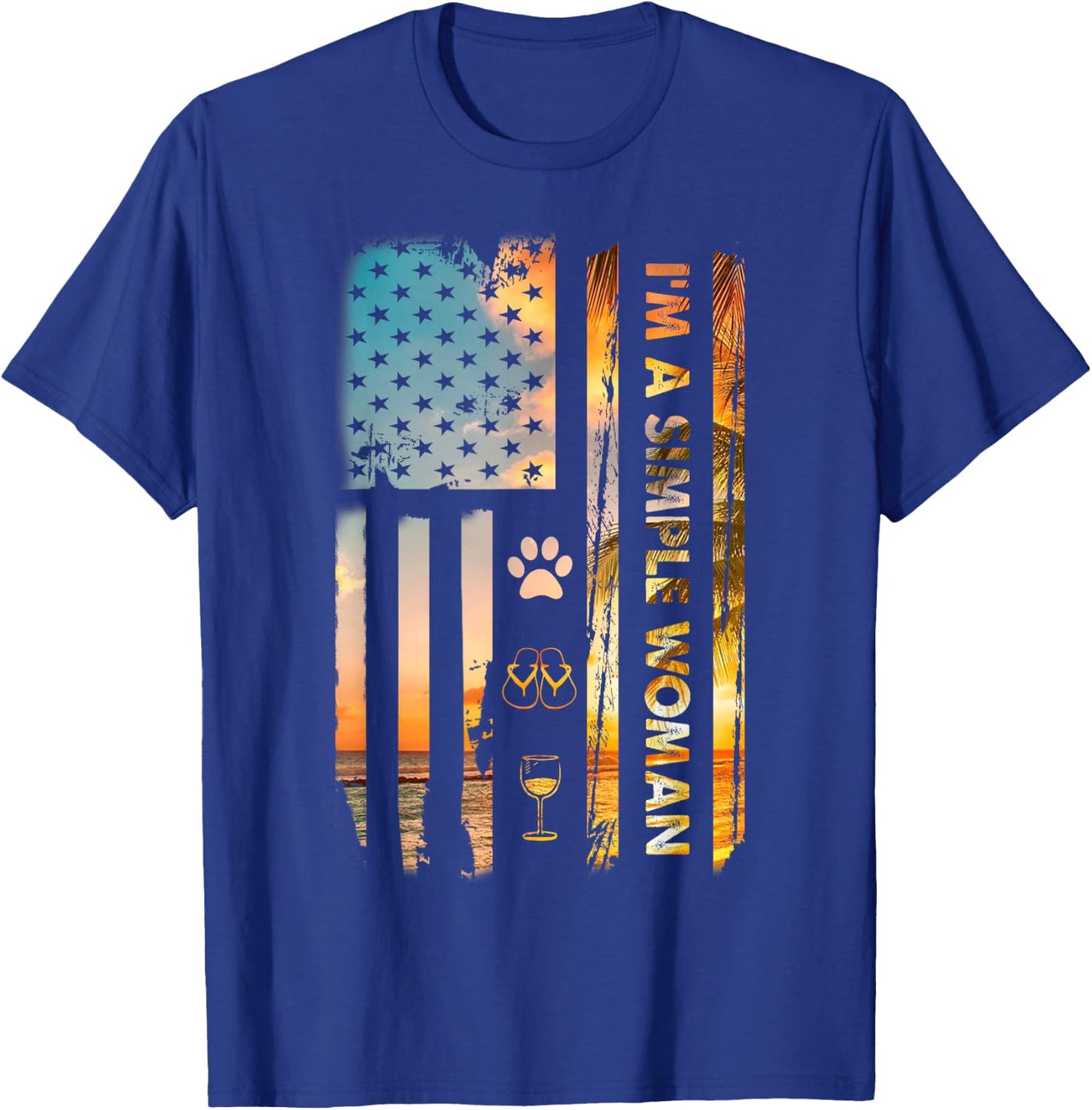 I'm A Simple Woman Camping Wine Flip Flops Love Dog USA Flag T-Shirt - T-Shirt | Royal