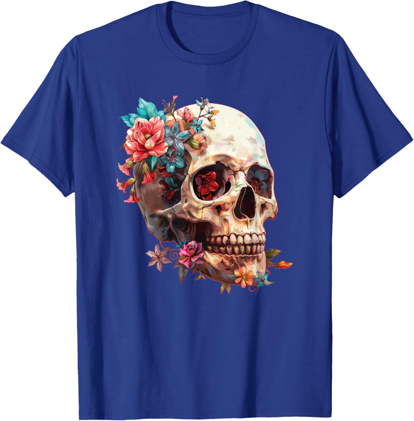 Floral Sugar Skull Rose Flowers Mycologist Gothic Goth T-Shirt - T-Shirt | Royal
