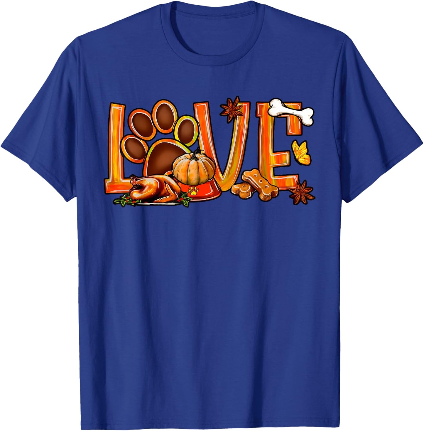 Love Dog Paw Print Turkey Pumpkin Fall Autumn Thanksgiving Men Women Girls Kids T-Shirt - T-Shirt | Royal
