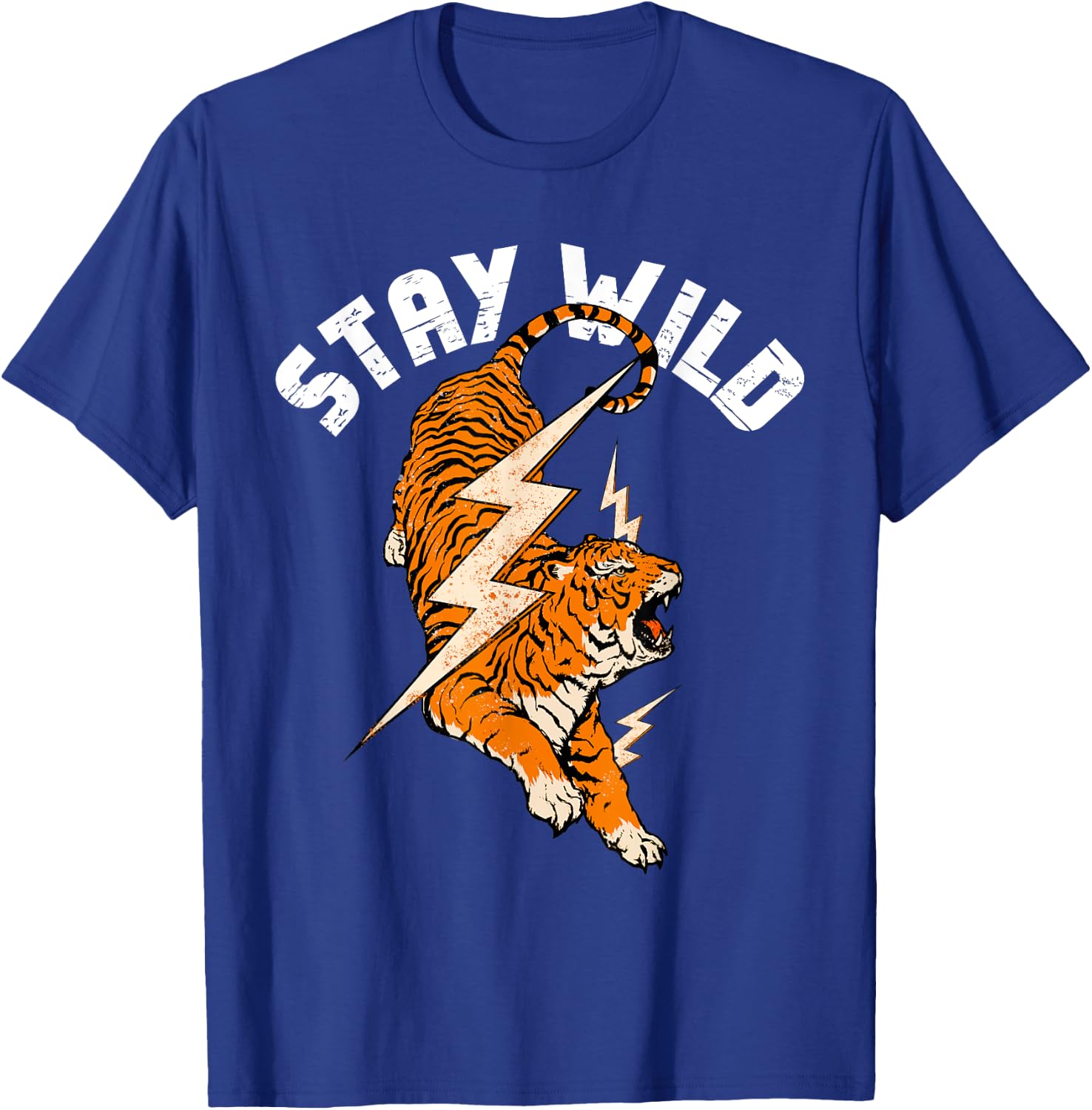 Stay Wild Tiger Cool Tiger & Lightning Bolt Retro Distressed T-Shirt - T-Shirt | Royal