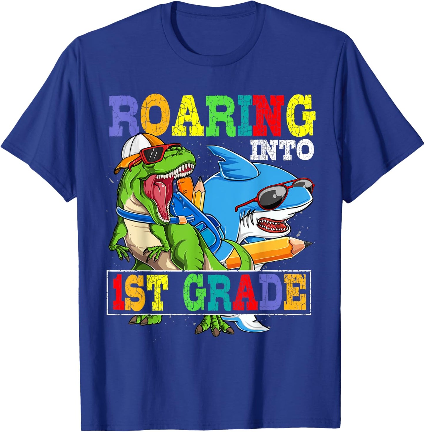 Roaring 1st Grade Dinosaur Shark Back to School Boys Kids T-Shirt - T-Shirt | Royal