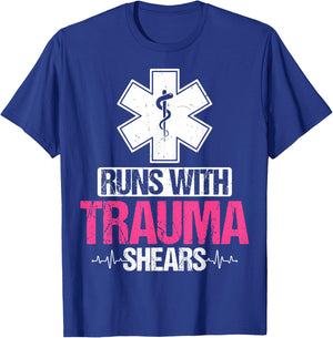 Funny Trauma Nurse Nursing Gifts - Runs with Trauma Shears T-Shirt - T-Shirt | Royal