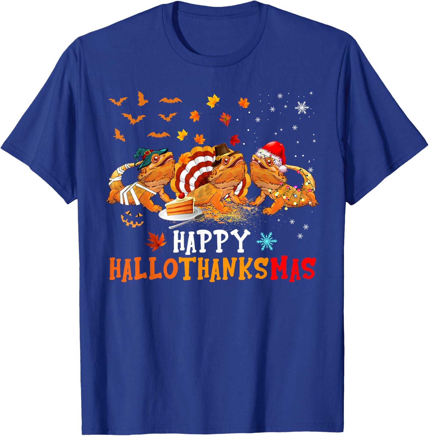 Happy HalloThanksMas Cute Santa Witch Turkey Bearded Dragon T-Shirt - T-Shirt | Royal