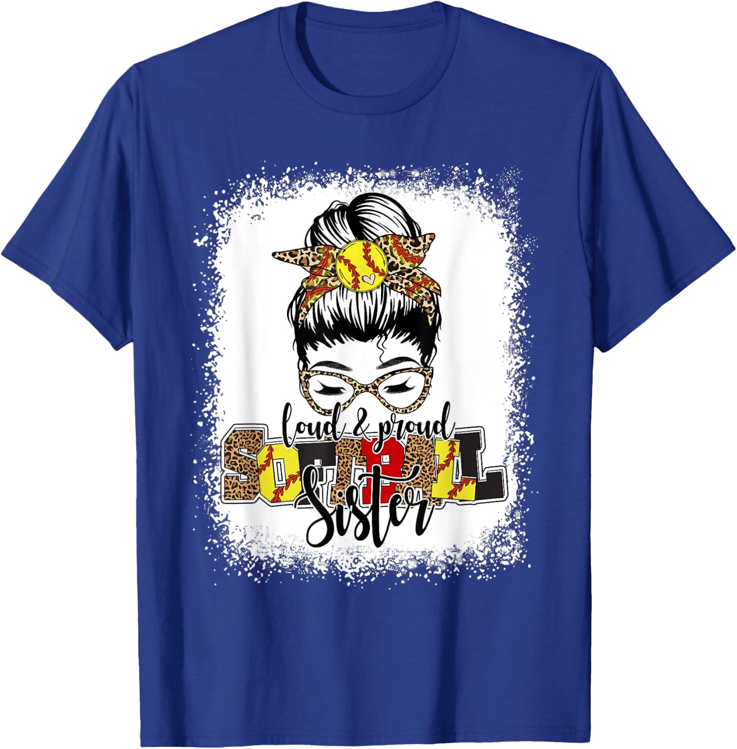 Bleached Softball Sister Leopard Messy Bun Funny Mothers Day T-Shirt - T-Shirt | Royal