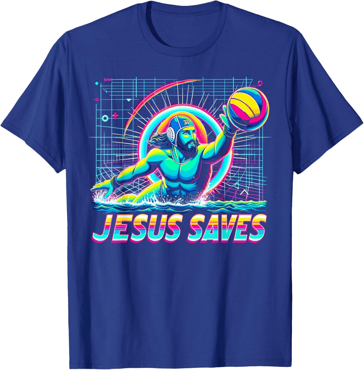 80s Vaporwave Jesus Saves Water Polo T-Shirt - T-Shirt | Royal