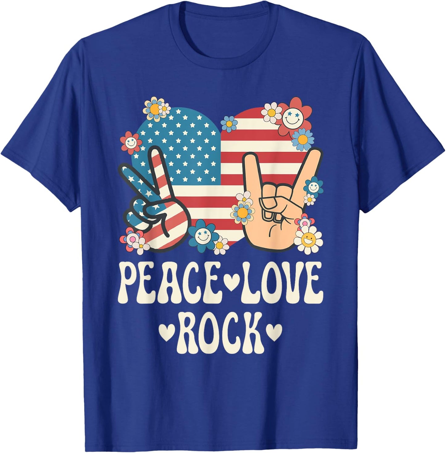 Peace Love Rock And Roll American Flag Patriotic Retro Rock T-Shirt - T-Shirt | Royal