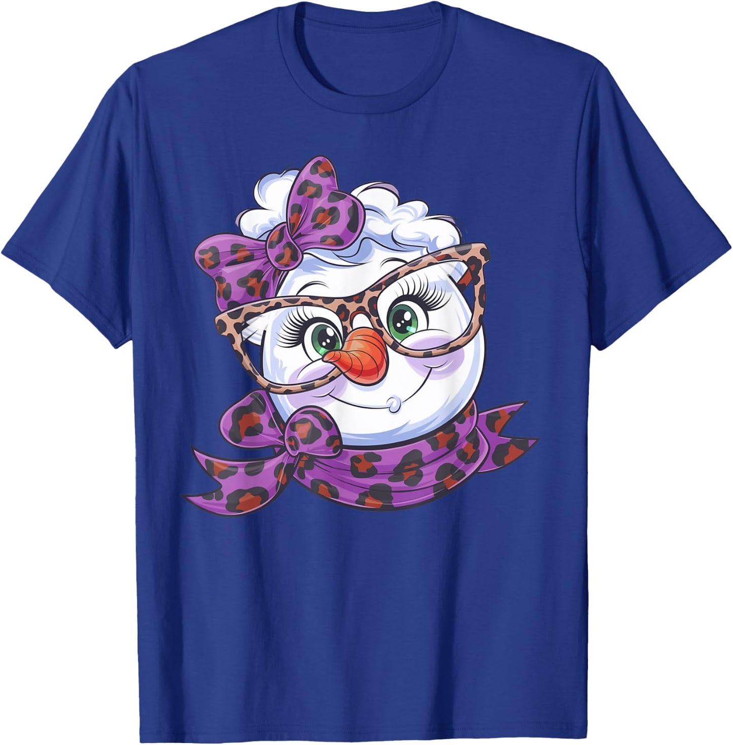 Winter Snowman Face Leopard Bow Eyelashes Black Classic Fit Short Sleeve XS T-Shirt - T-Shirt | Royal