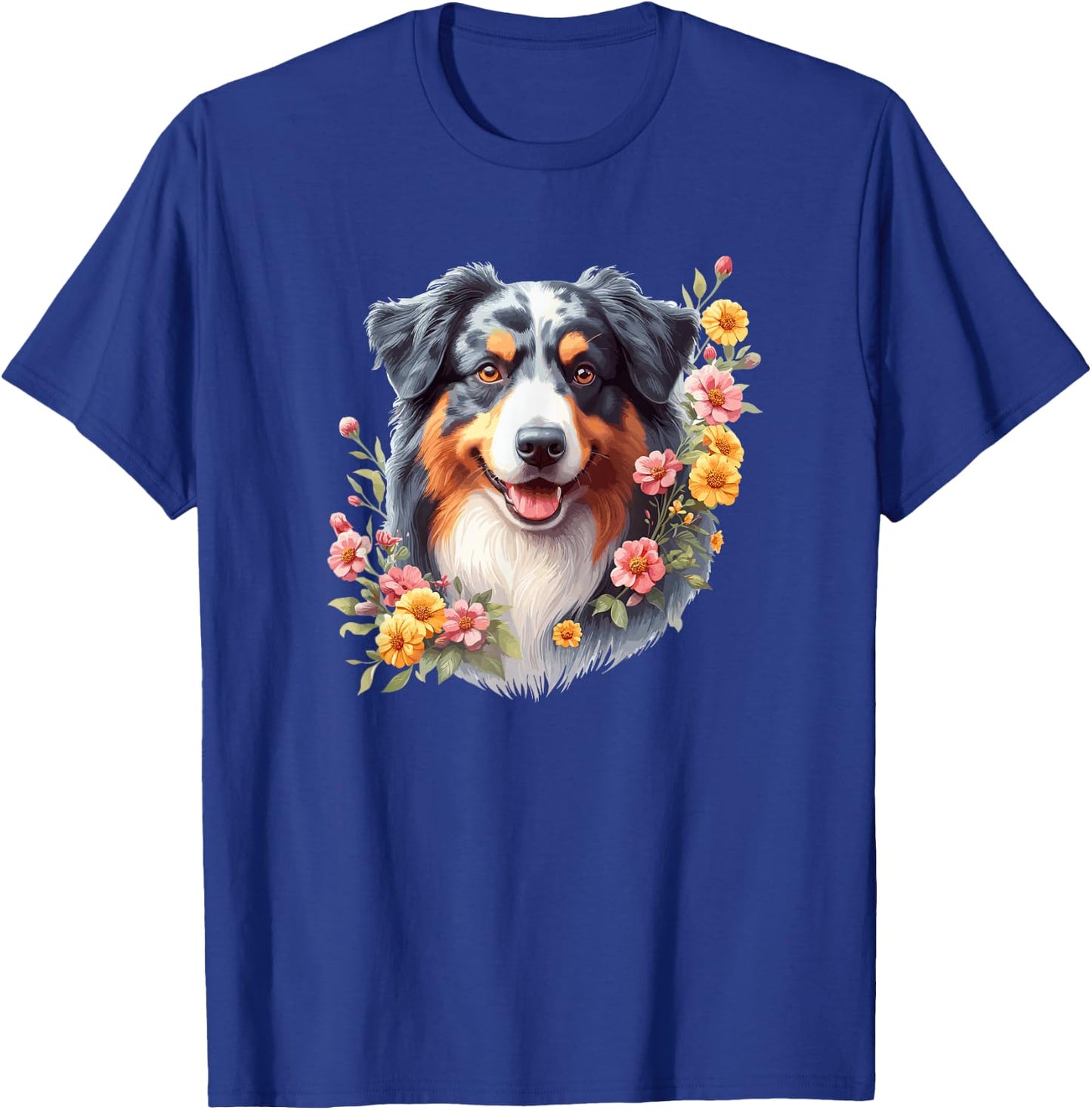 Cute Flowers Funny Floral Watercolor Blue Merle Aussie Lover T-Shirt - T-Shirt | Royal