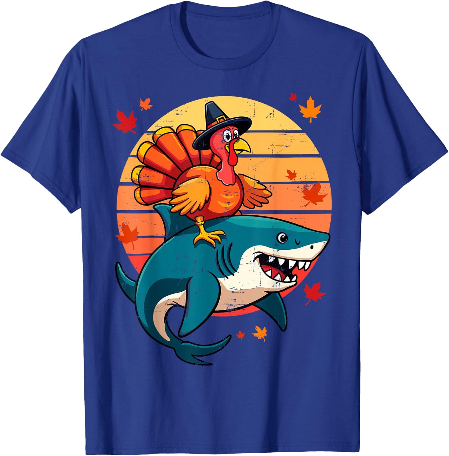 Funny Shark & Turkey Thanksgiving Day Kids Harvest Festival T-Shirt - T-Shirt | Royal