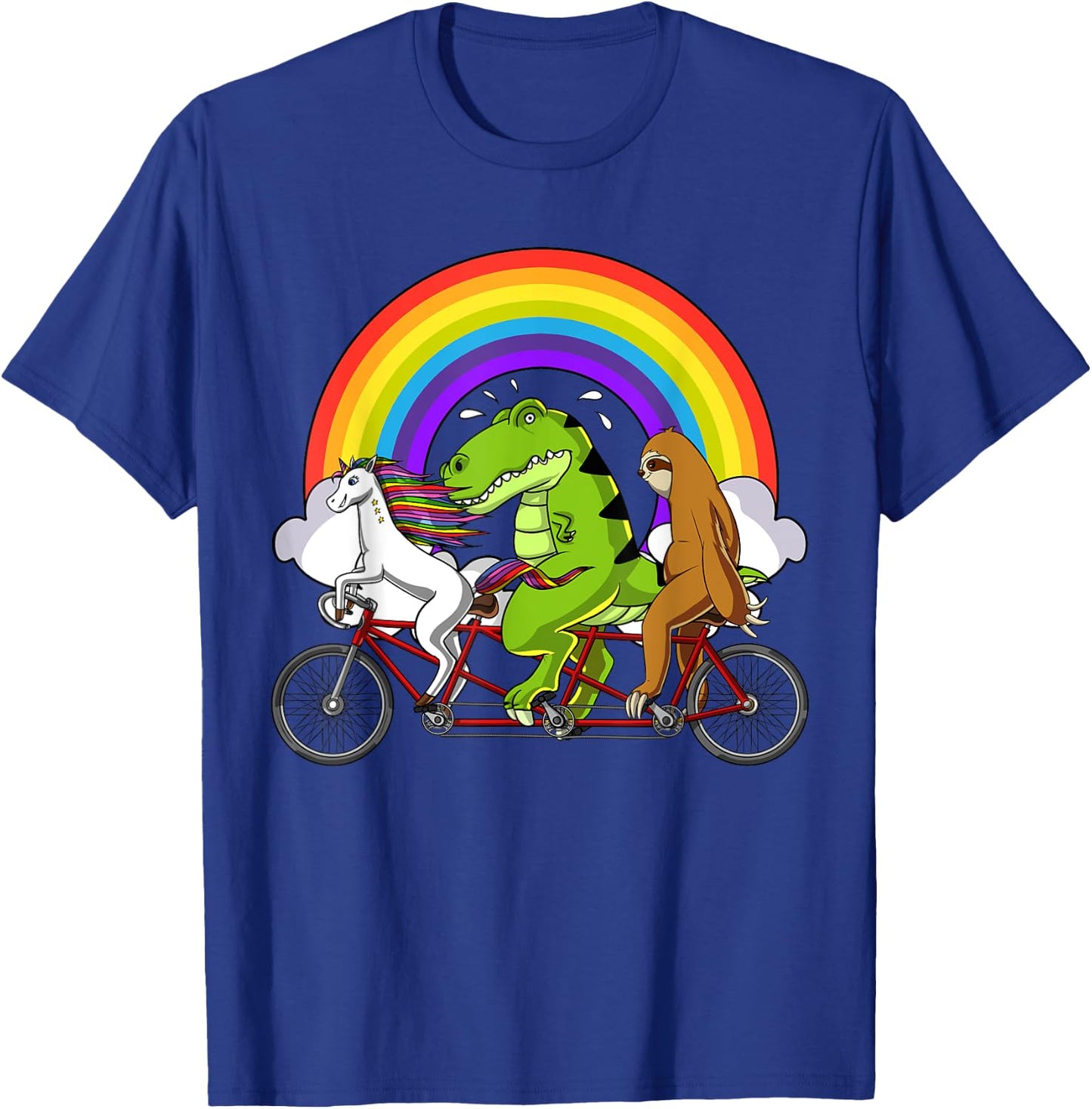 Unicorn T-Rex Dinosaur Sloth Riding Bicycle Rainbow Party T-Shirt - T-Shirt | Royal