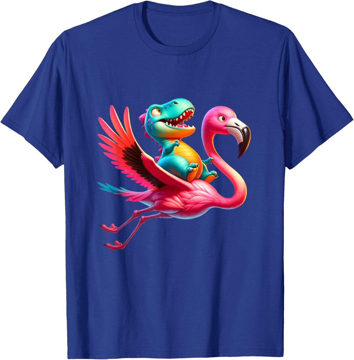 Cute T-Rex Dinosaur flying on a Flamingo Funny T-Shirt - T-Shirt | Royal