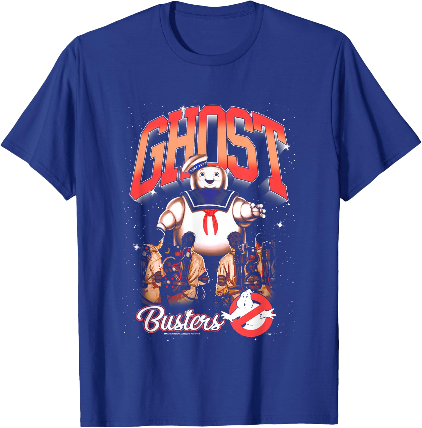 Ghostbusters Cute Stay Puft Loom Group Shot Retro Big Logo T-Shirt - T-Shirt | Royal
