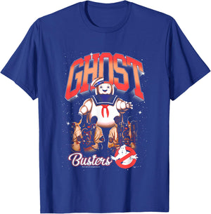 Ghostbusters Cute Stay Puft Loom Group Shot Retro Big Logo T-Shirt - T-Shirt | Royal