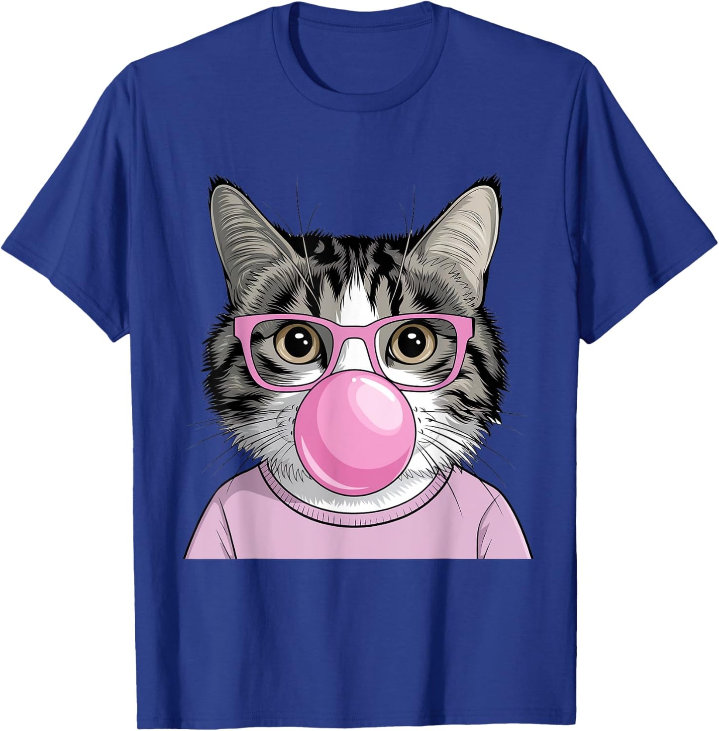 Funny Cat with Glasses Blowing Bubble Gum Cute Cat Women Girls Kids T-Shirt - T-Shirt | Royal