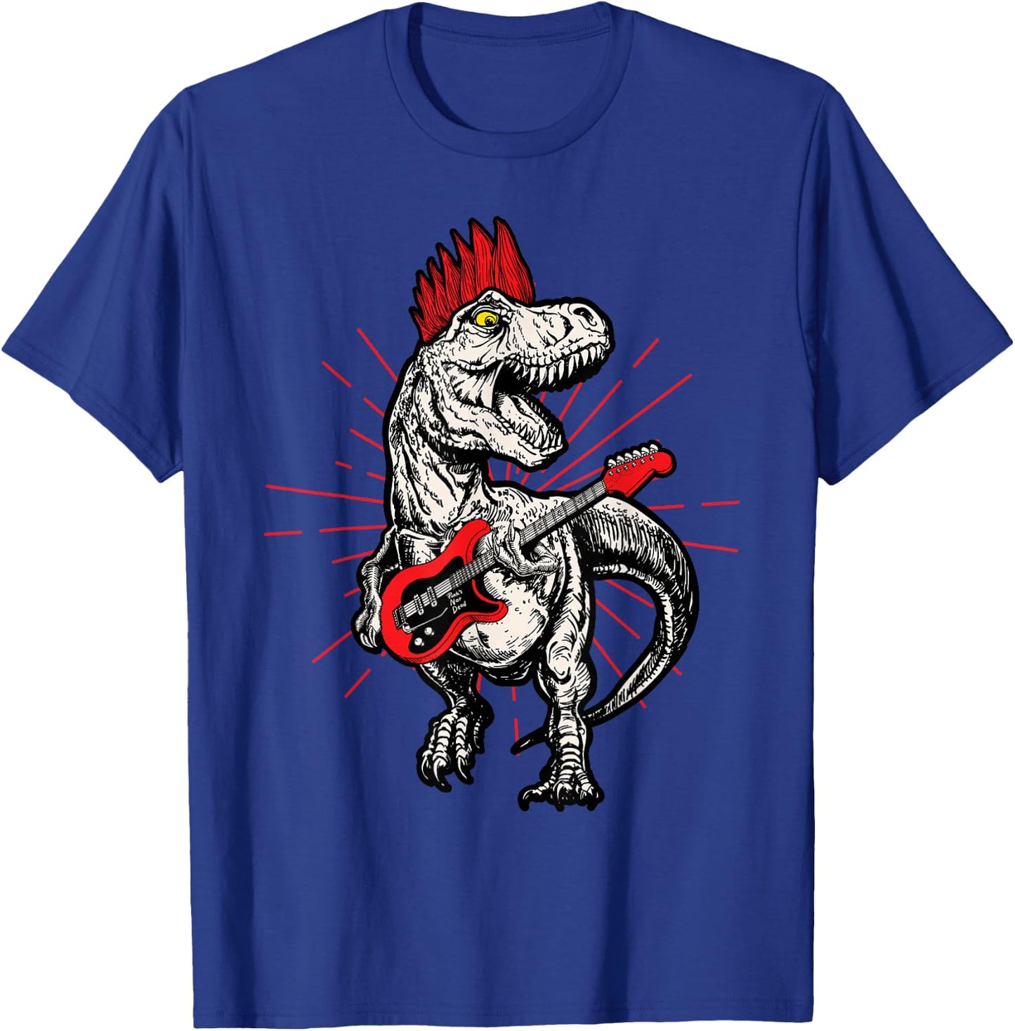 Punk Rock T-Rex Mohawk Playing Guitar Rock n' Roll Dinosaur T-Shirt - T-Shirt | Royal