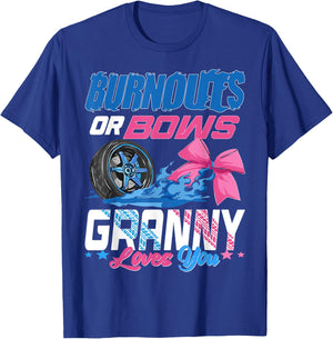 Burnouts Or Bows Gender Reveal Party Announcement Granny T-Shirt - T-Shirt | Royal
