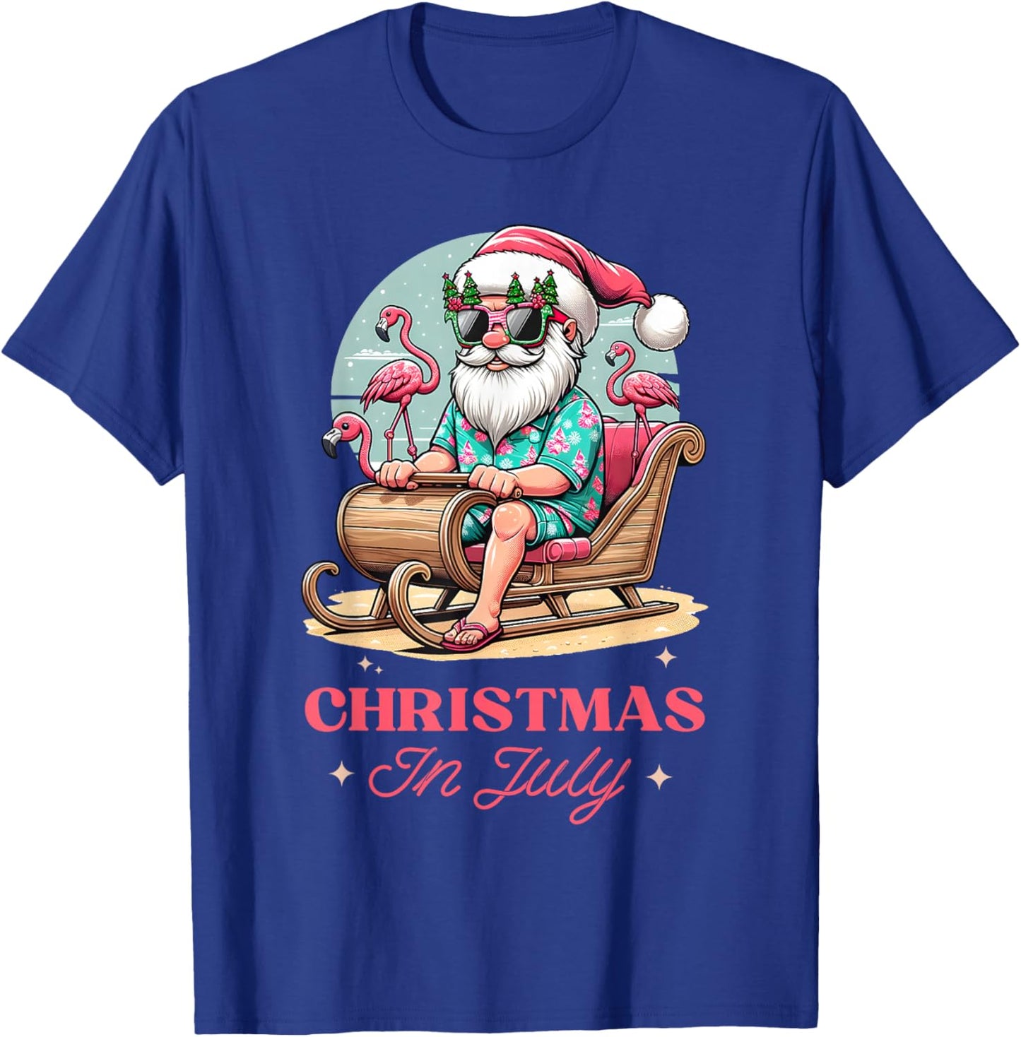 Fun Christmas in July Summer Santa Flamingo Sleigh Christmas , Black, S T-Shirt - T-Shirt | Royal