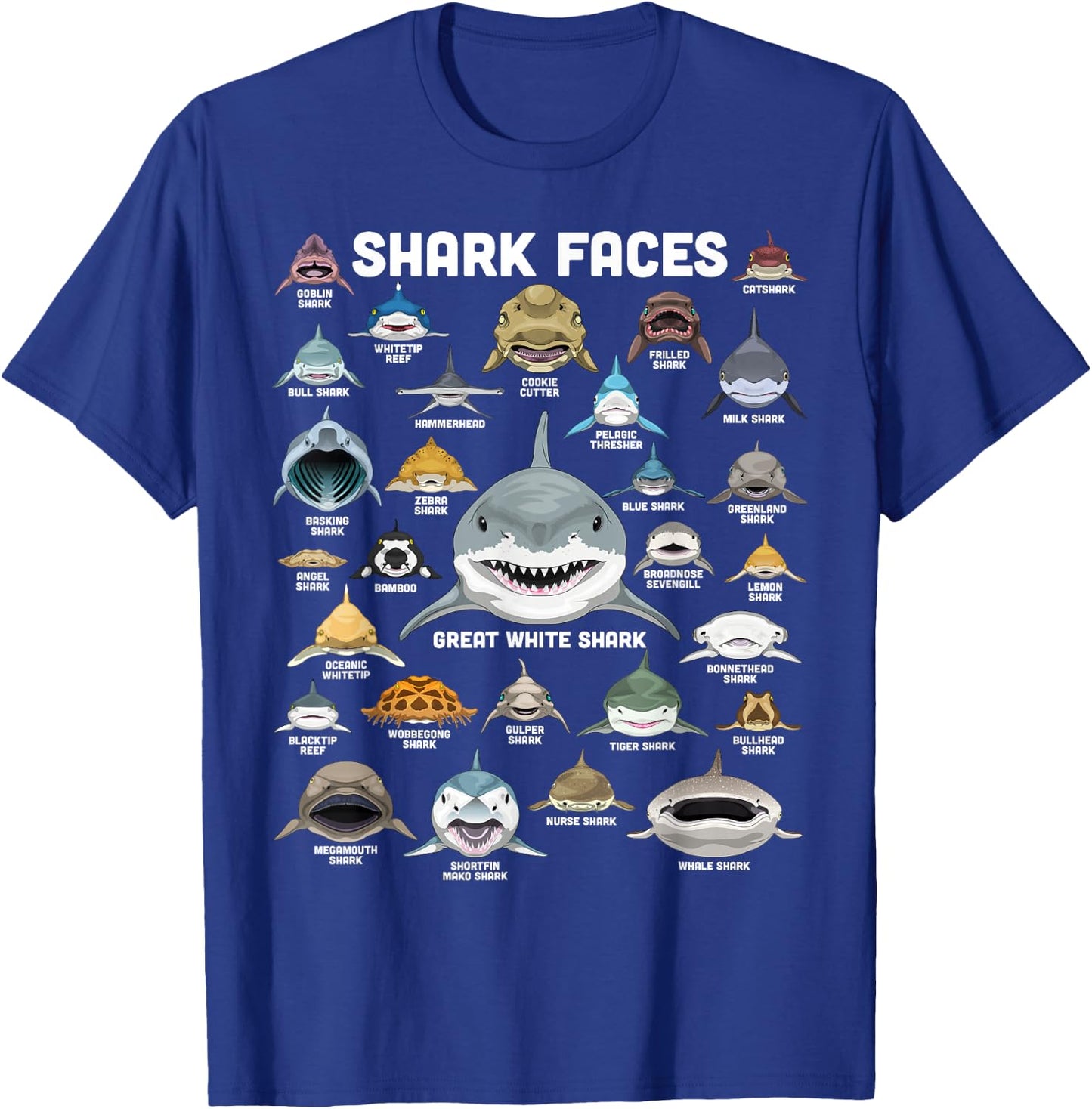 Shark Faces Shirt Shark Types Funny Biology Navy Shark , Black, S T-Shirt - T-Shirt | Royal
