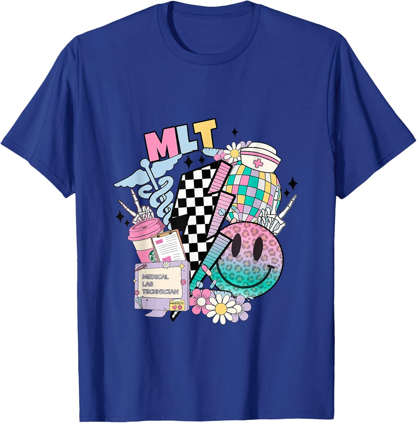 Smile face MLT Medical Laboratory Technician Stethoscope T-Shirt - T-Shirt | Royal