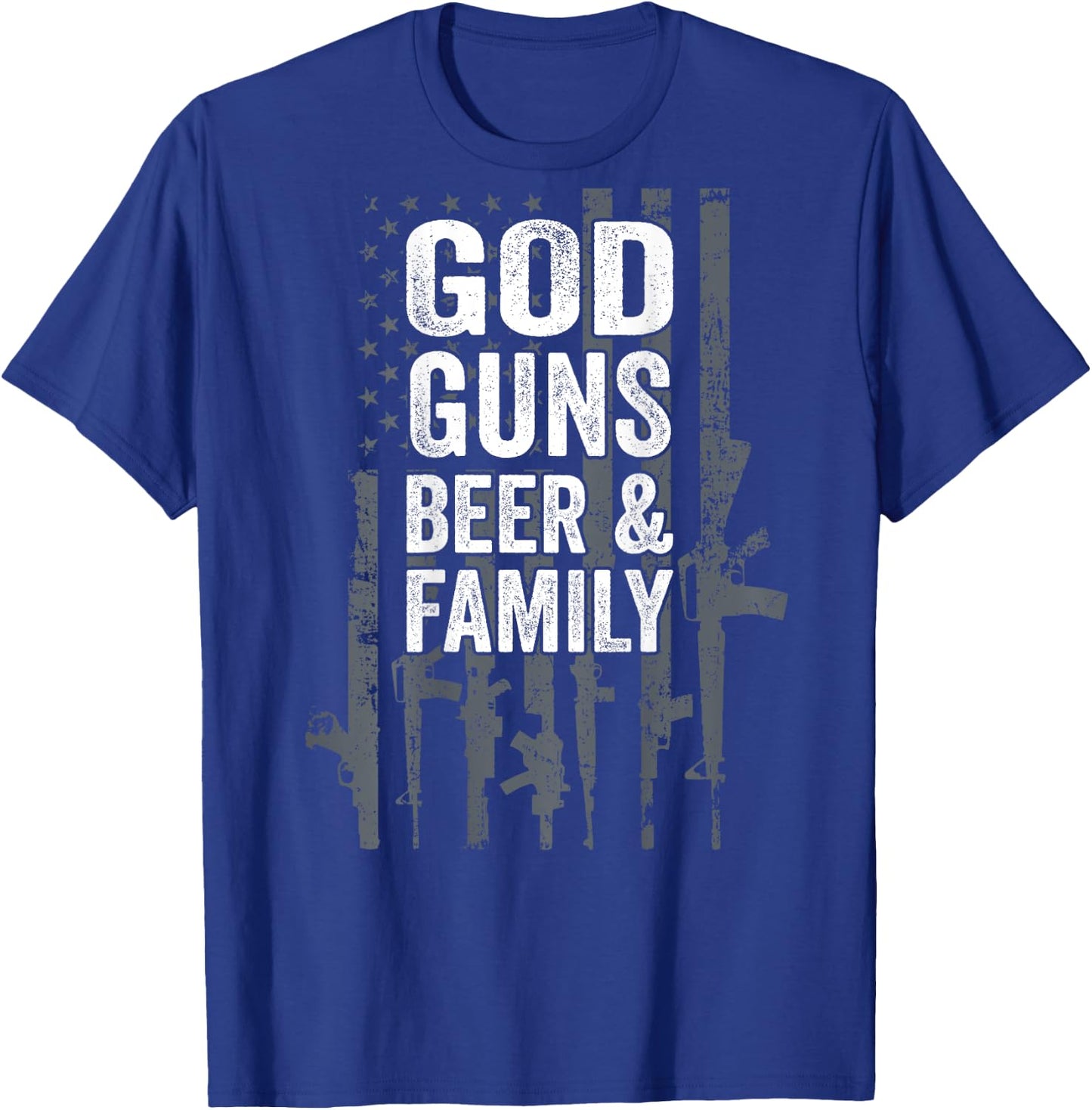 GOD GUNS BEER & FAMILY - USA Flag Drinking Gift - ON BACK T-Shirt - T-Shirt | Royal