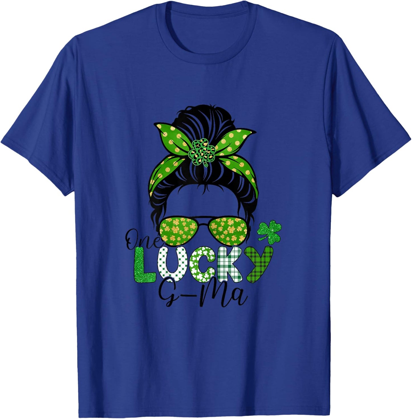 One Lucky G-Ma St Patricks Day Leopard Shamrock Messy Bun T-Shirt - T-Shirt | Royal