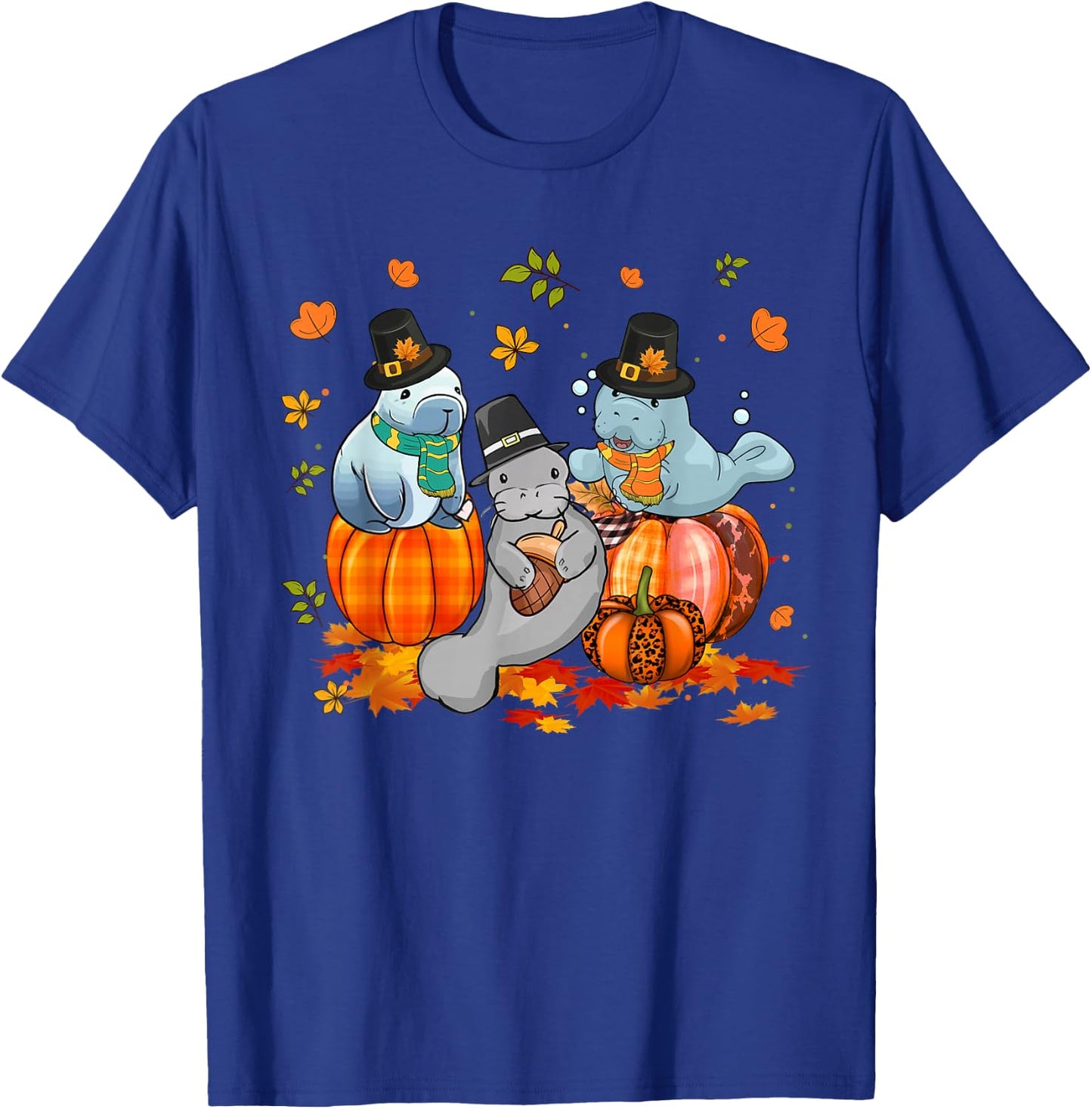 Manatee Pumpkin Leopard Buffalo Plaid Fall Thanksgiving T-Shirt - T-Shirt | Royal