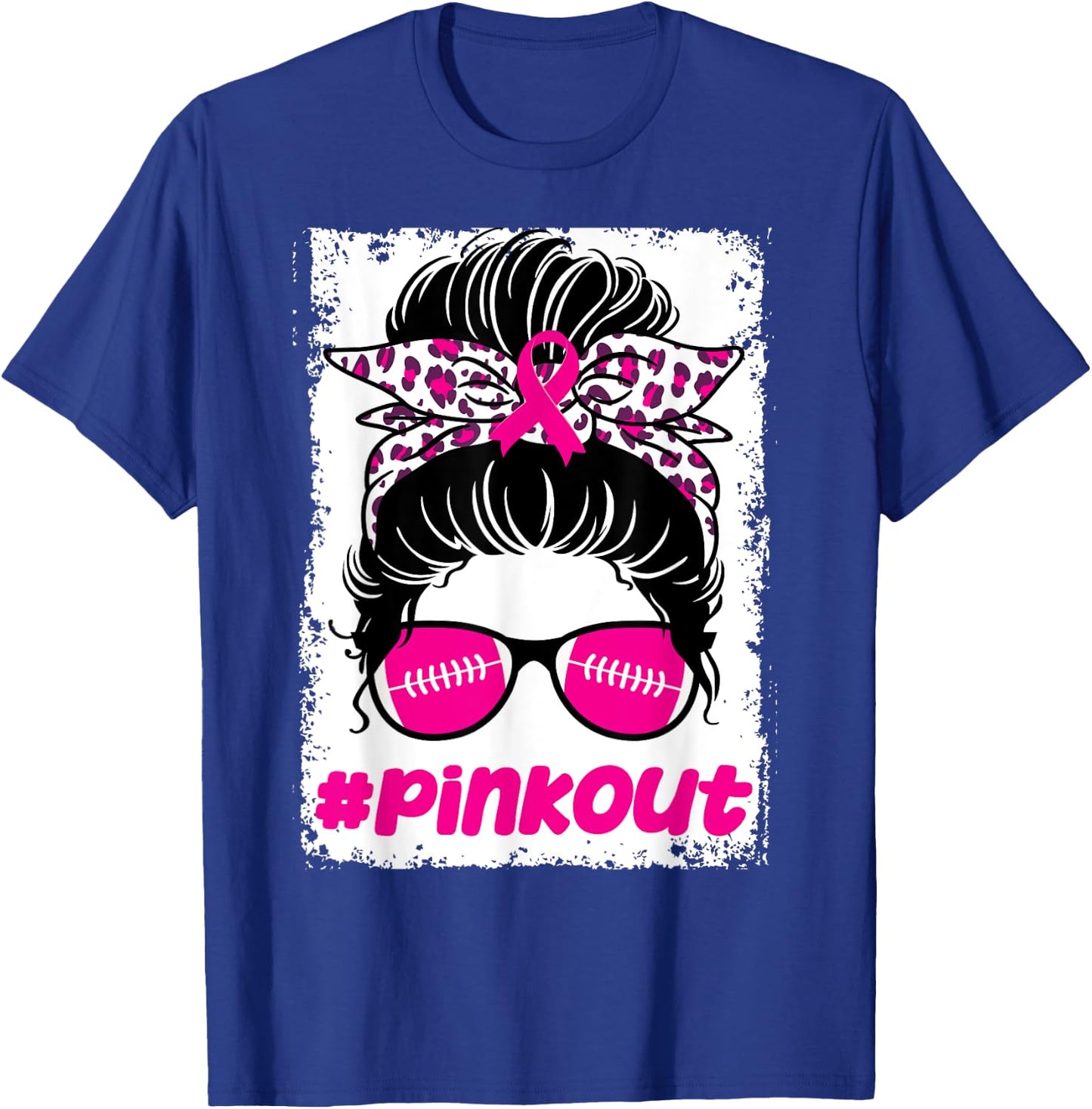 Pink Out Ou Breast Cancer Football Messy Bun Cheer Bleached T-Shirt - T-Shirt | Royal