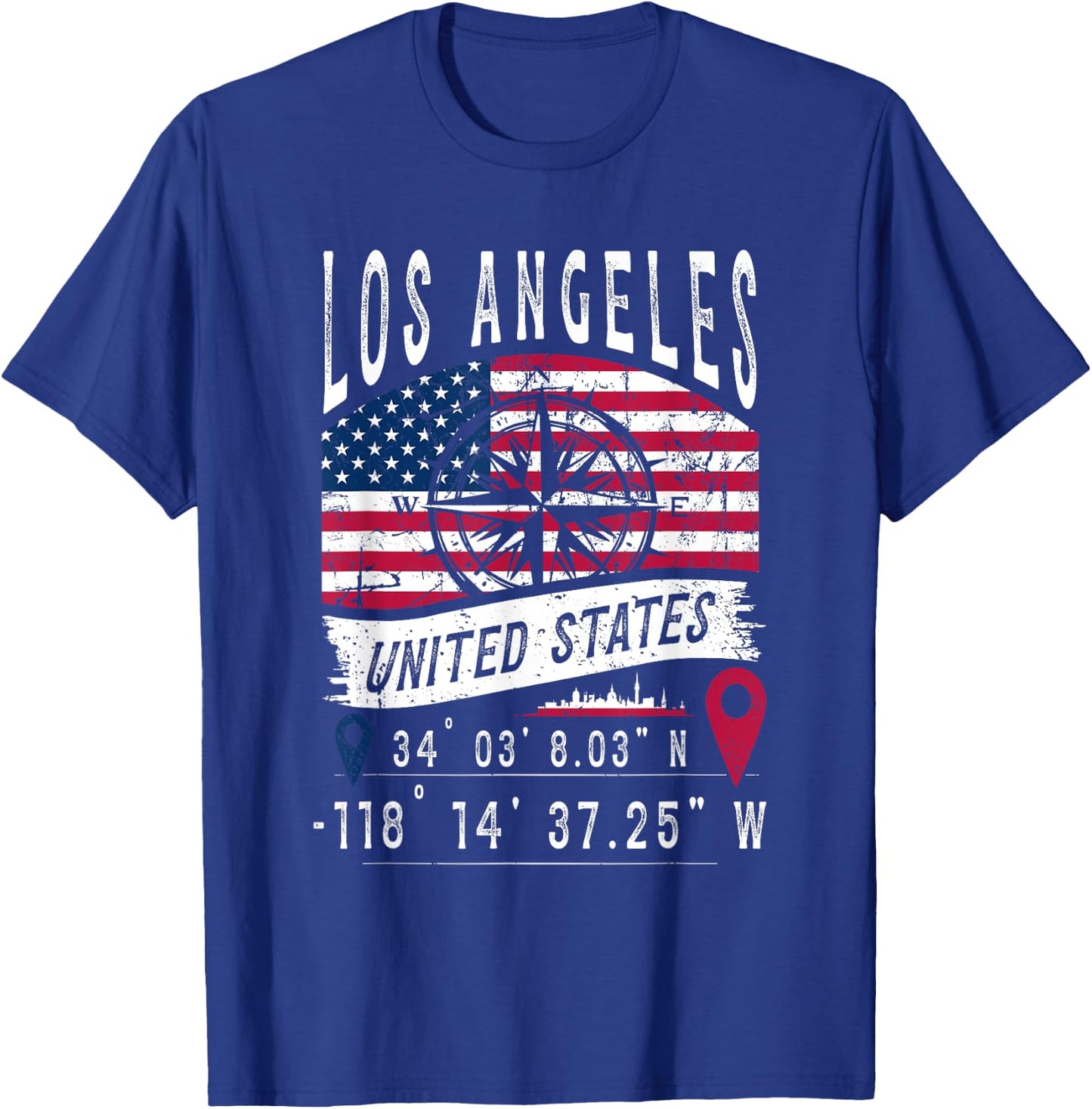 Los Angeles USA Flag GPS Coordinates Los Angeles , Black, S T-Shirt - T-Shirt | Royal