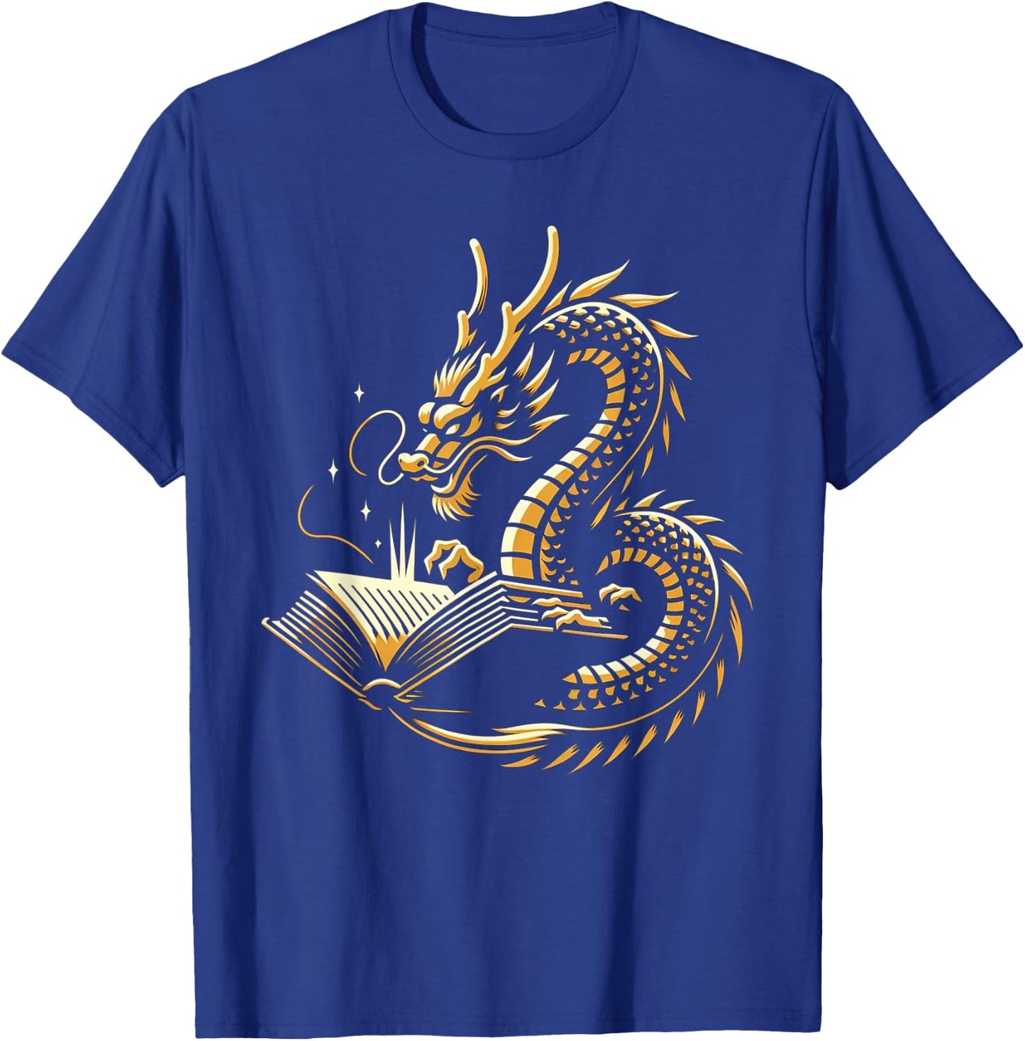 Book Lovers Dragon Fantasy Art Mythical Creatures Yellow Bookworm Chinese Dragon T-Shirt - T-Shirt | Royal