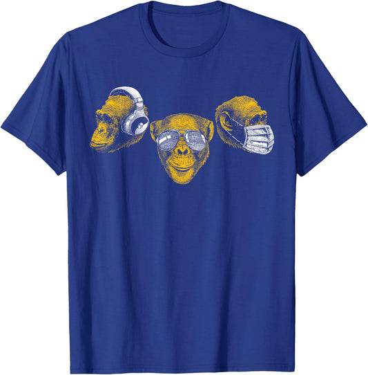Three Chimpanzee Heads Wise Monkey Speak Hear & See No Evil T-Shirt - T-Shirt | Royal