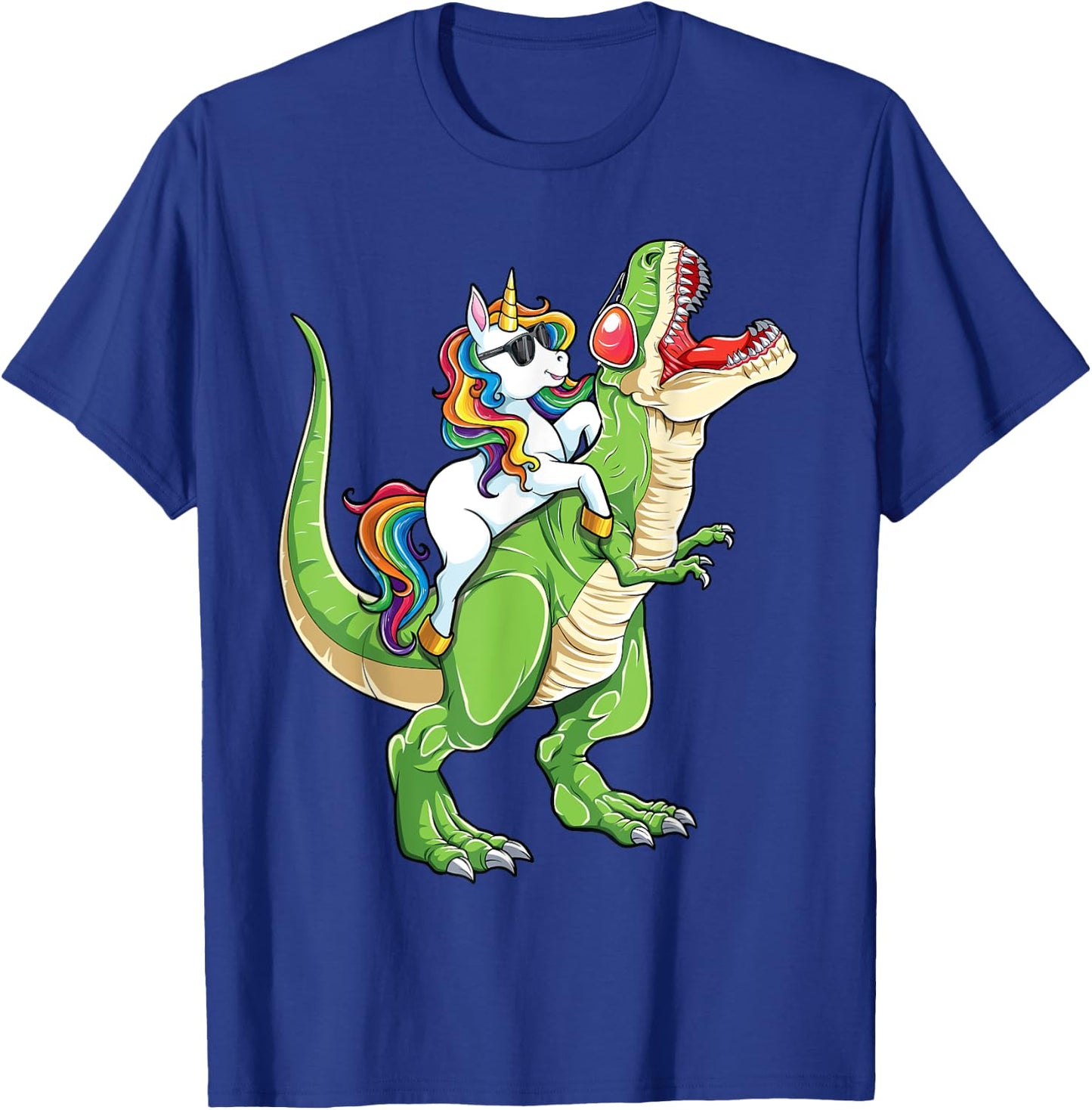 Unicorn Riding T rex Dinosaur Boys Girls Men Women Funny T-Shirt - T-Shirt | Royal