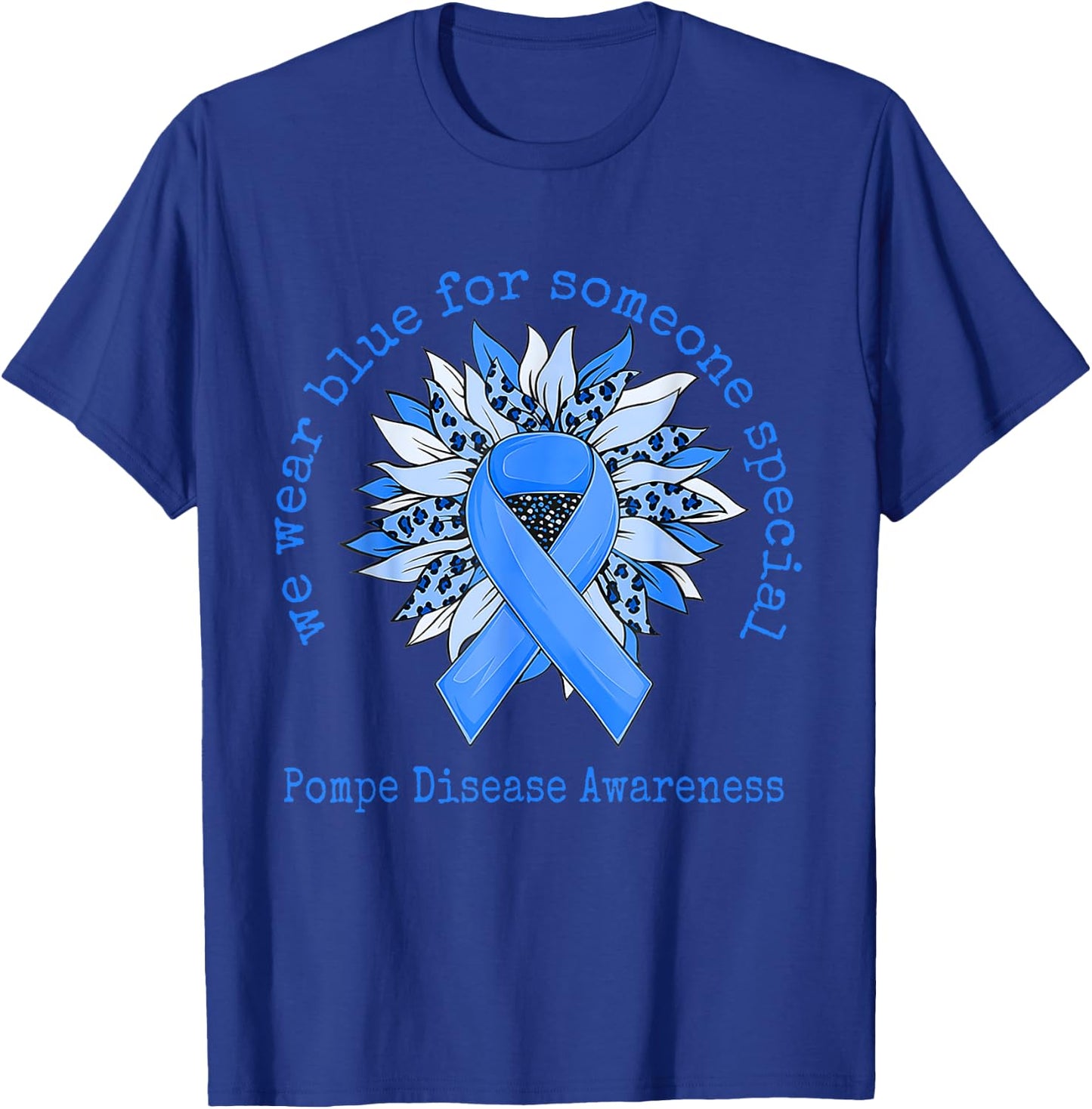 We Wear Blue Pompe Disease Awareness Sunflower Leopard T-Shirt - T-Shirt | Royal
