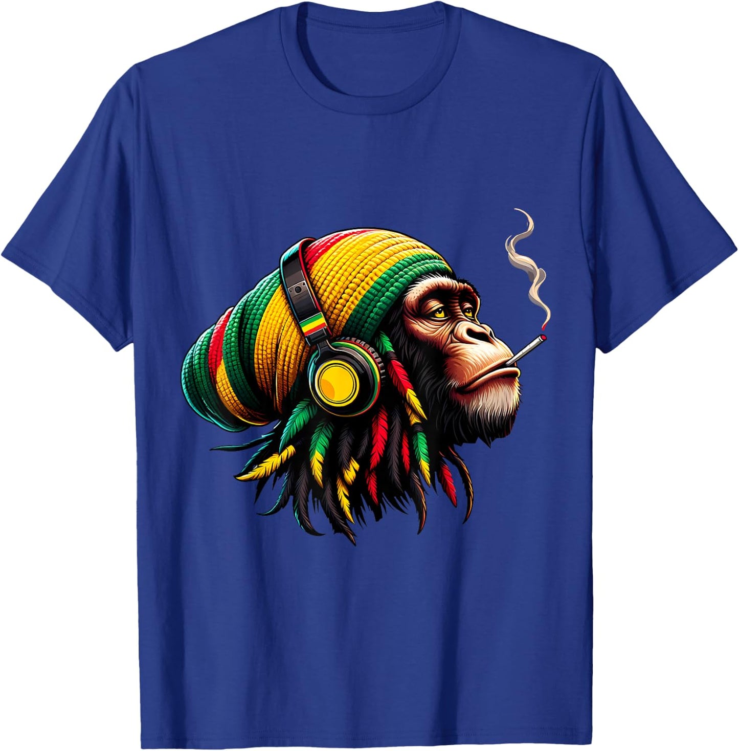 Jamaican Roots Reggae Chimpanzee Headphones Rastafari , Black, S T-Shirt - T-Shirt | Royal