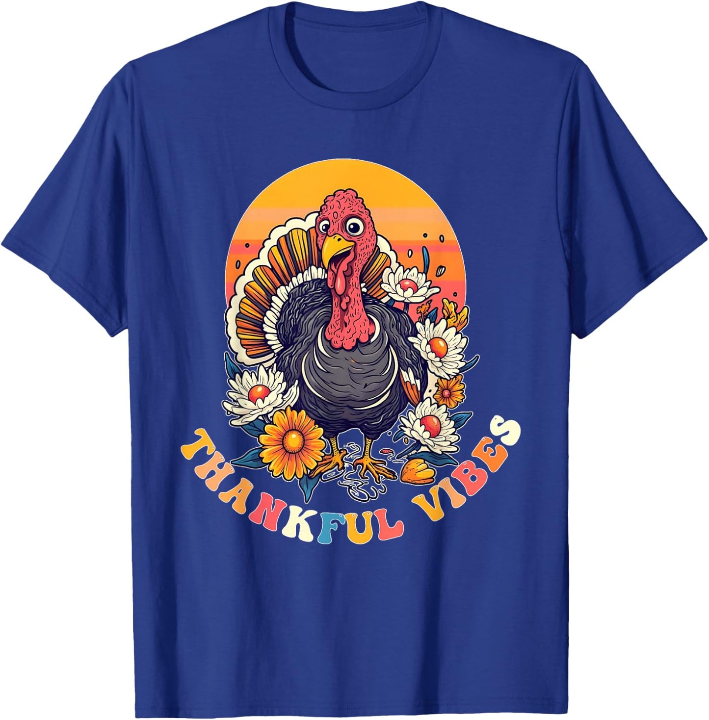 Thankful Vibes Turkey Funny Groovy Thanksgiving Women Girl T-Shirt - T-Shirt | Royal