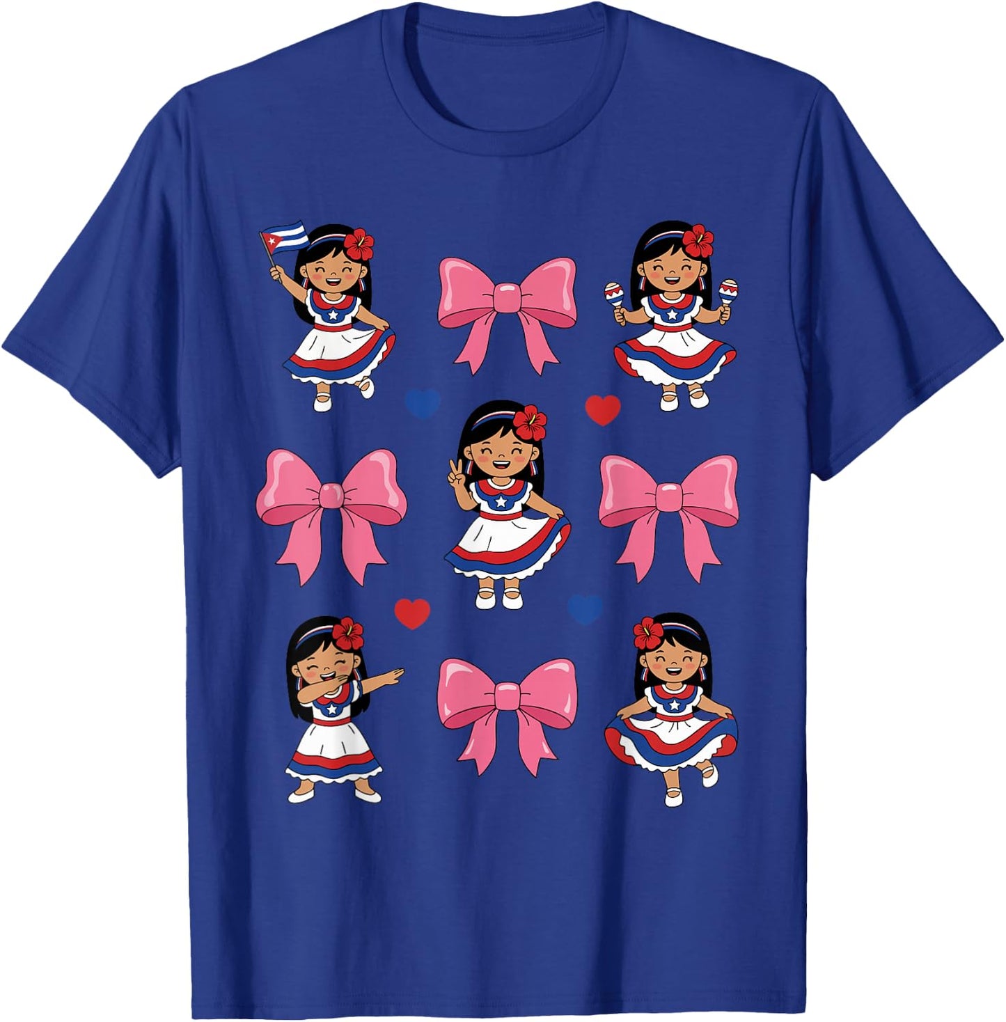 Cute Cuban Girl Traditional Dress Bow Cuba Heritage Flag T-Shirt - T-Shirt | Royal