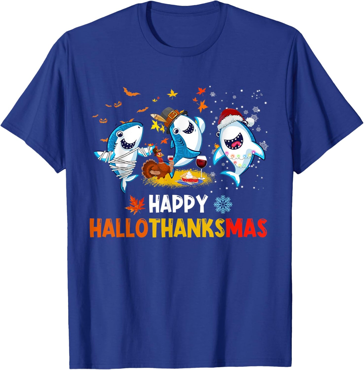 Happy Hallothanksmas Sharks Halloween Christmas Thanksgiving T-Shirt - T-Shirt | Royal