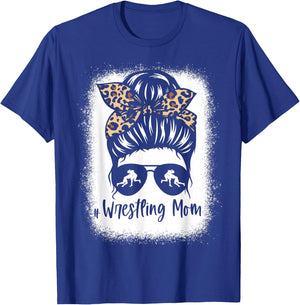 Wrestling Mom Messy Bun Leopard Wrestler Mama T-Shirt - T-Shirt | Royal