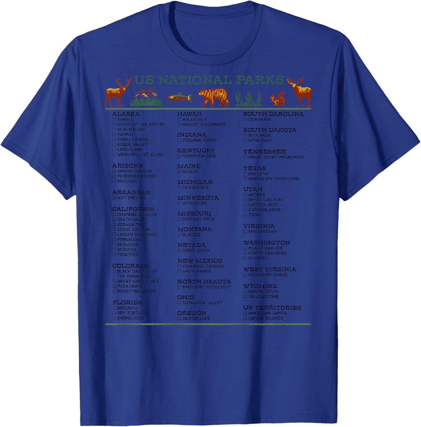 US National Parks Checklist List by State DESIGN ON BACK T-Shirt - T-Shirt | Royal