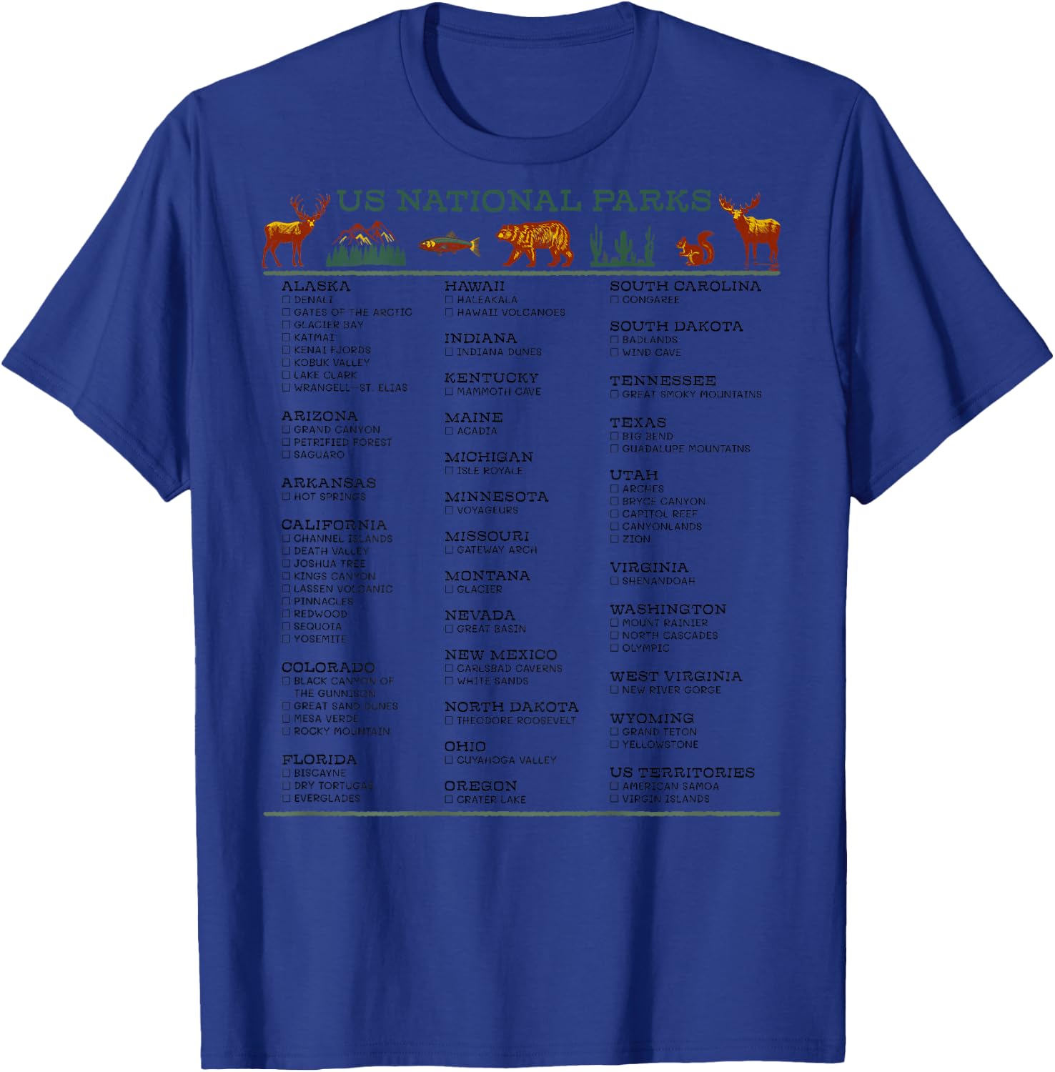 US National Parks Checklist List by State DESIGN ON BACK T-Shirt - T-Shirt | Royal